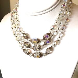 Vintage 3 Strand Aurora Borealis Crystal Necklace